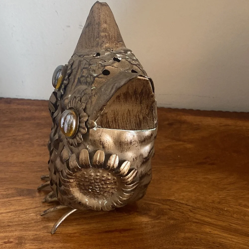 Vintage Pier 1 Rustic Gold Bronze Owl Tealight Candle Holder 7”